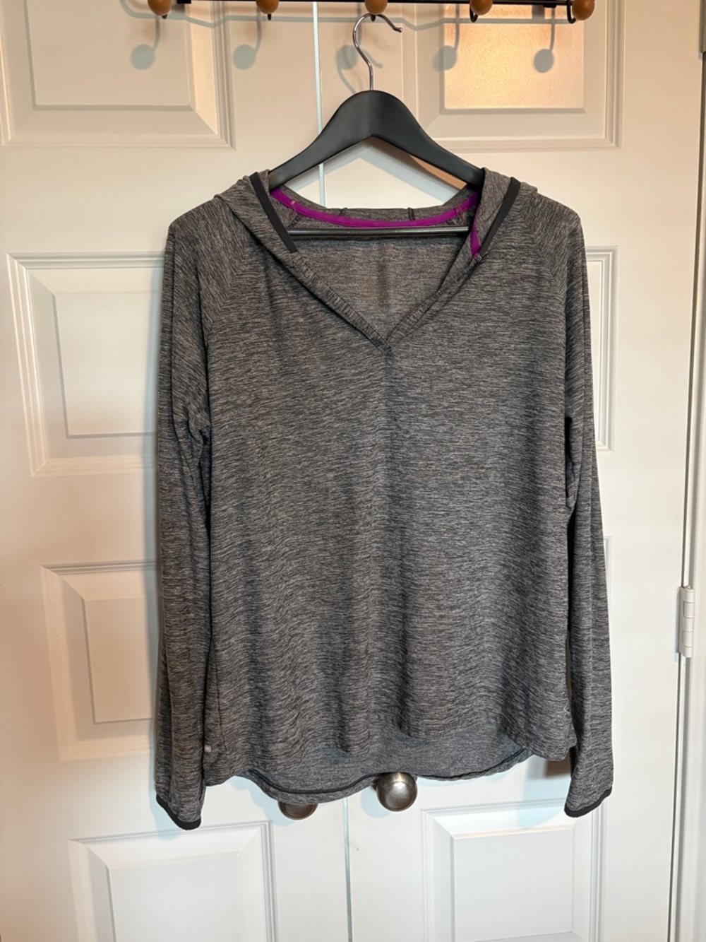 Danskin Heather Gray Hooded V-Neck Pullover with Purple Trim